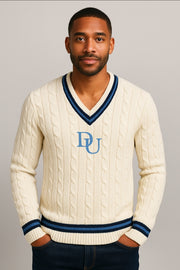 2025 Unisex DU V-Neck Cable Knit Striped Cricket Team Sweater (PRE-ORDER NOW)