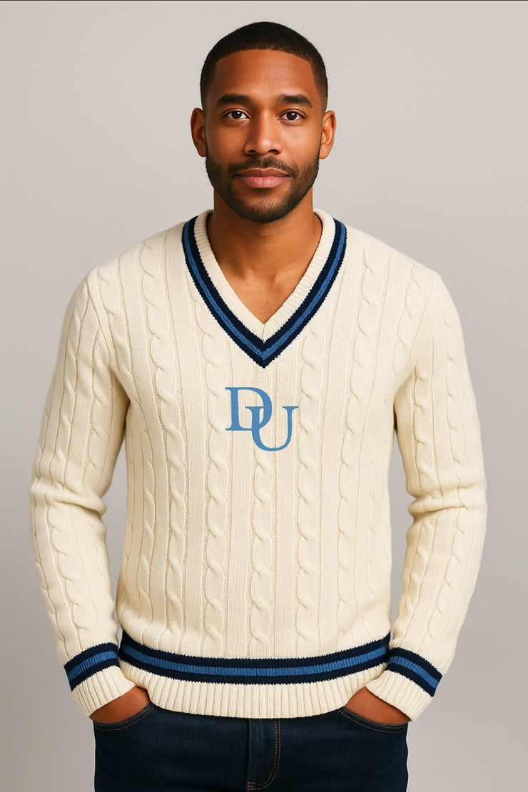 2025 Unisex DU V-Neck Cable Knit Striped Cricket Team Sweater (PRE-ORDER NOW)