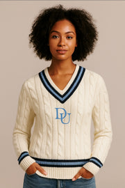 2025 Unisex DU V-Neck Cable Knit Striped Cricket Team Sweater (PRE-ORDER NOW)