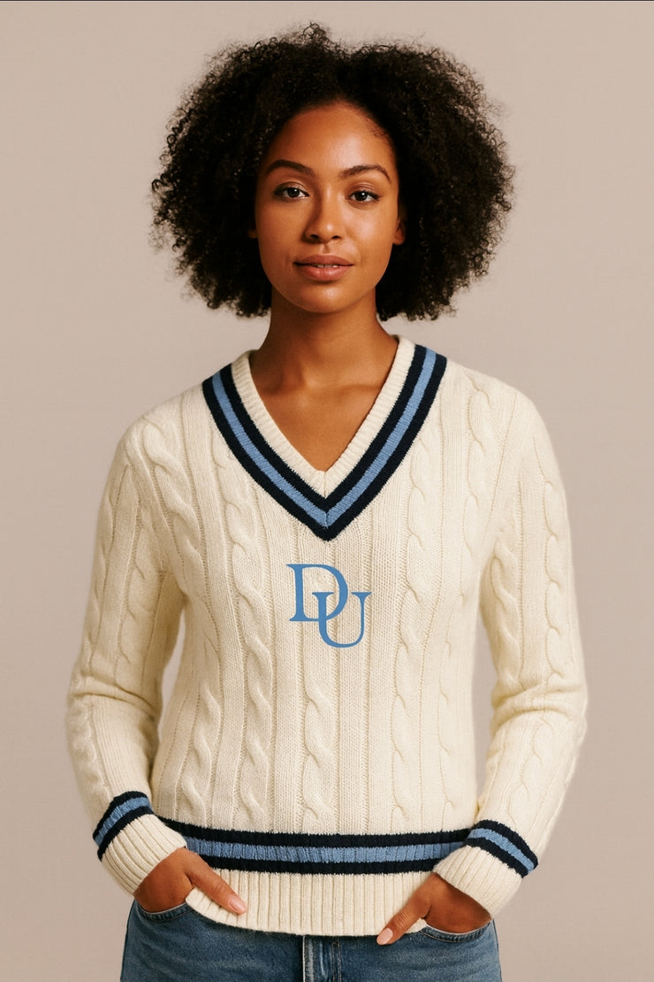 2025 Unisex DU V-Neck Cable Knit Striped Cricket Team Sweater (PRE-ORDER NOW)